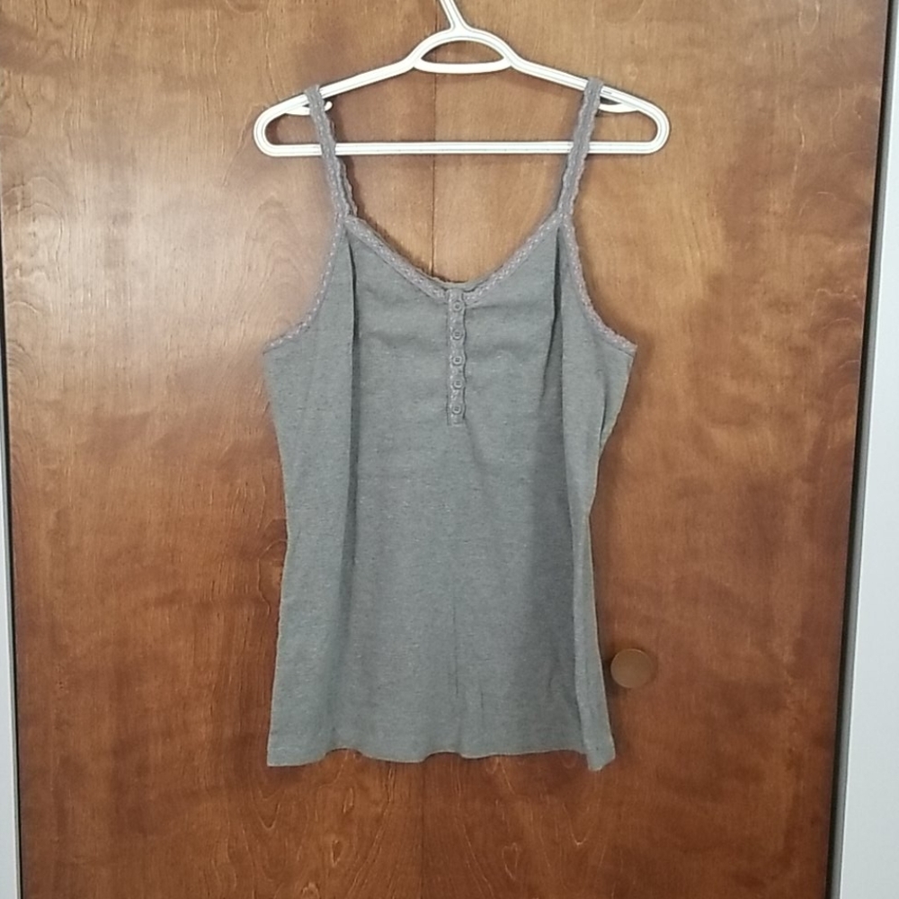 Grey ribbed, lace edged, button down tank top